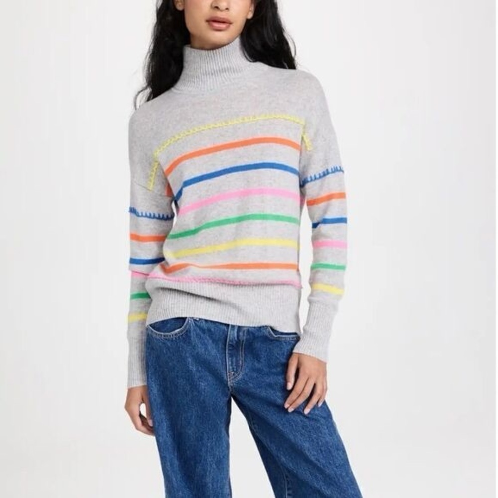 Autumn Cashmere Multi Colored Cashmere Breton Stripe Mock with Blanket Stitch